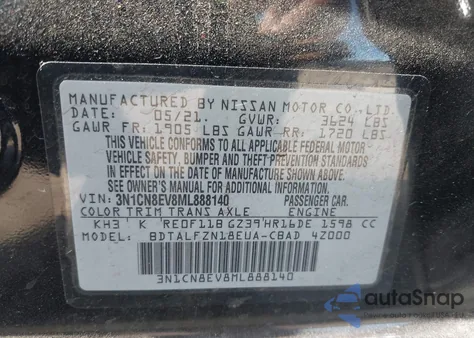 2021 Nissan Versa Sv Xtronic Cvt z USA, uszkodzony, nr VIN 3N1CN8EV8ML888140